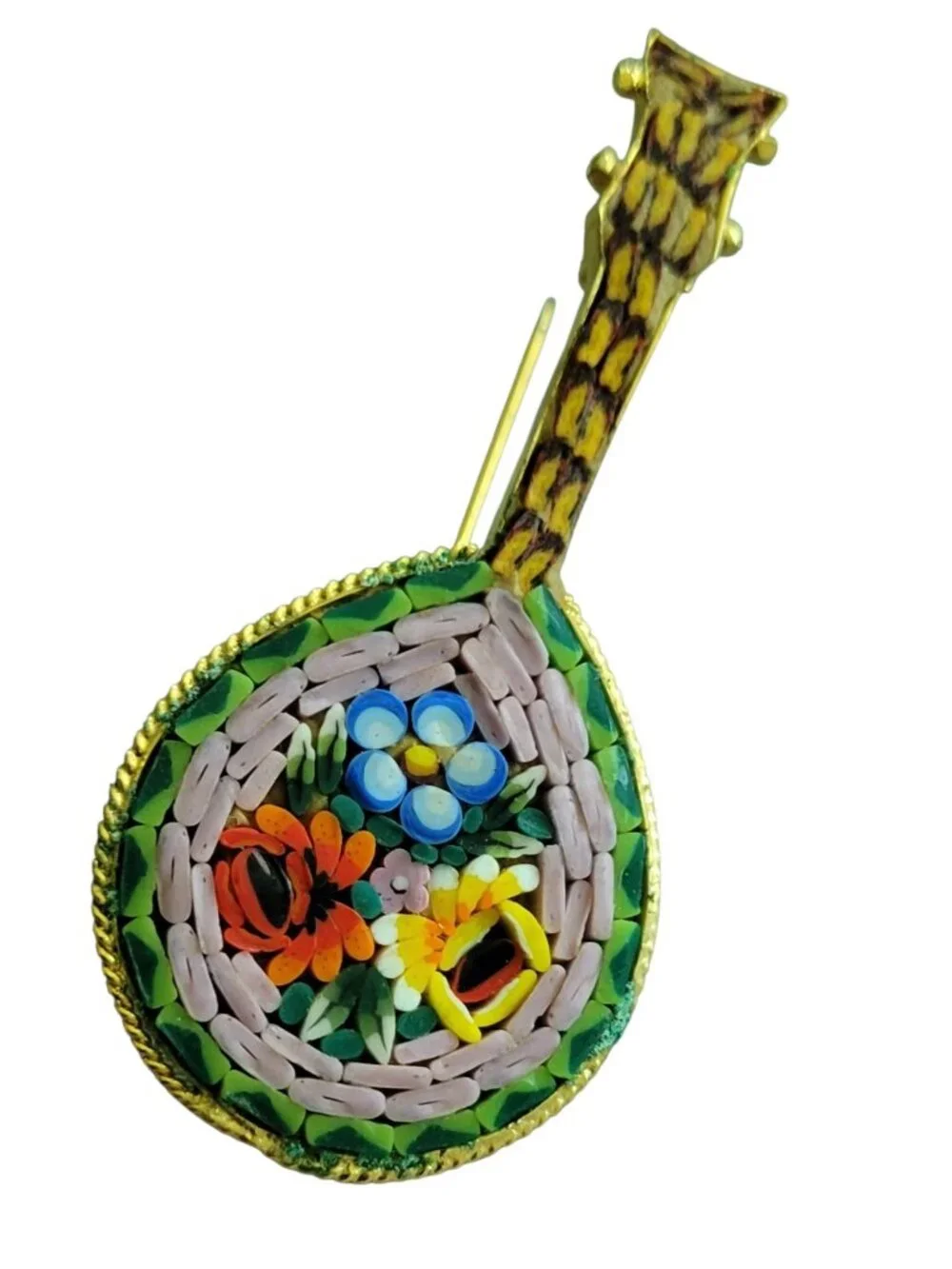 Vintage Micro Mosaic Guitar Mandolin Floral Brooch Pin Colorful Italian Art